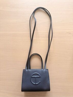 Telfar Mini Small Shopping Bag with Embossed Logo in Dark Navy